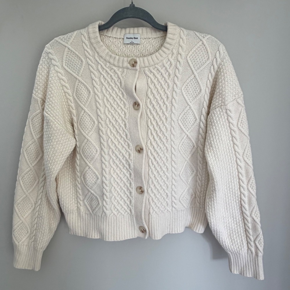 Aritzia Sunday Best Dionne Sweater Cardigan Cable Knit Wool Cotton Cream Small